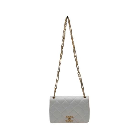 Chanel Diamond Quilted Shoulder Bag in White with Gold Chain - Picture 7 of 7